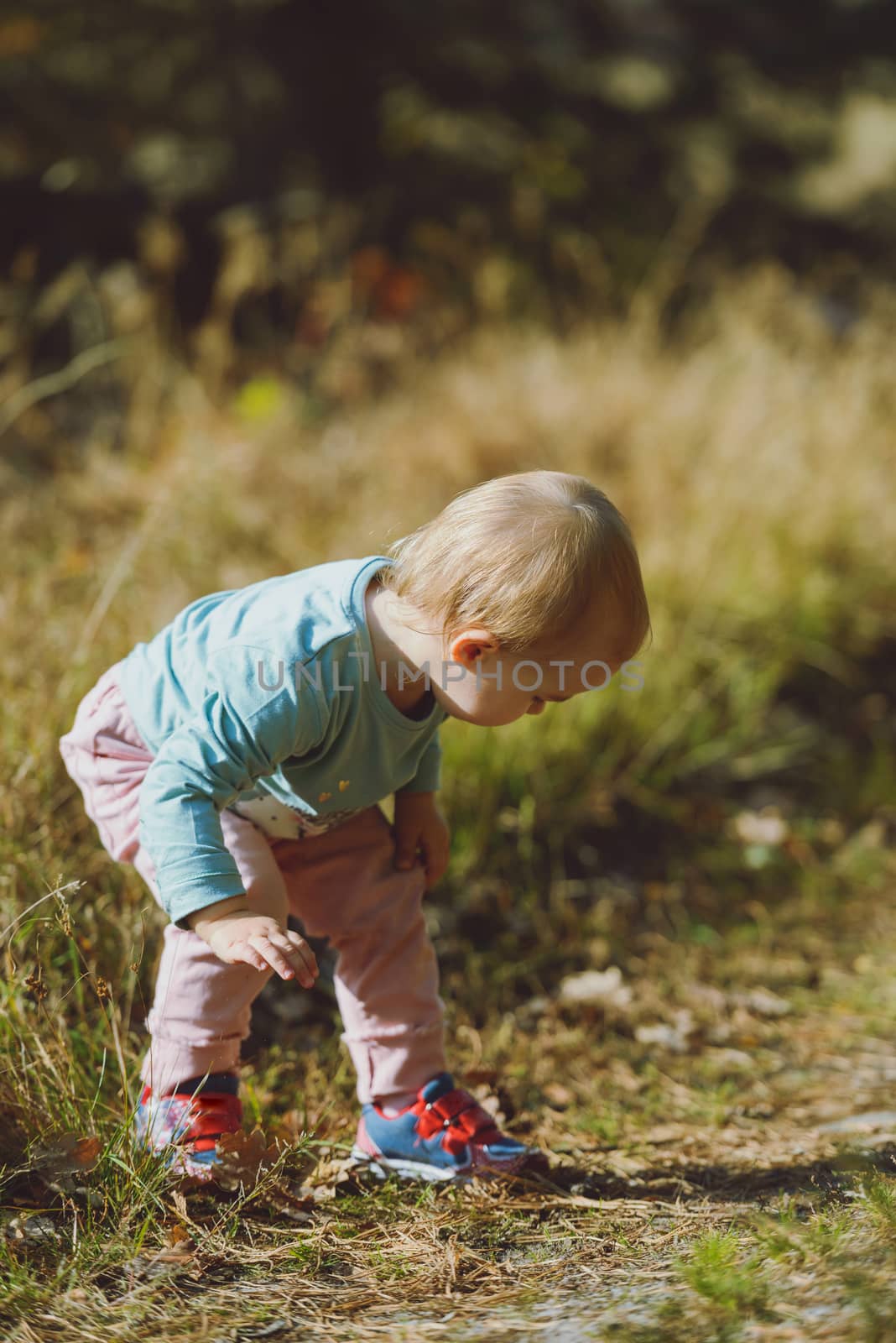 Adorable girl having fun on beautiful autumn day. authentic childhood image