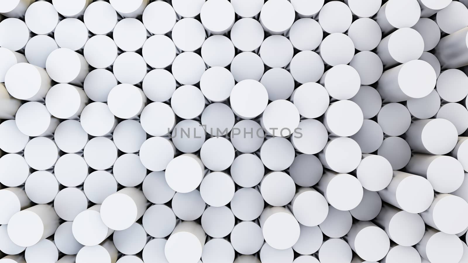 Abstract 3D illustration of white cylinders background. Random displacement. Good background