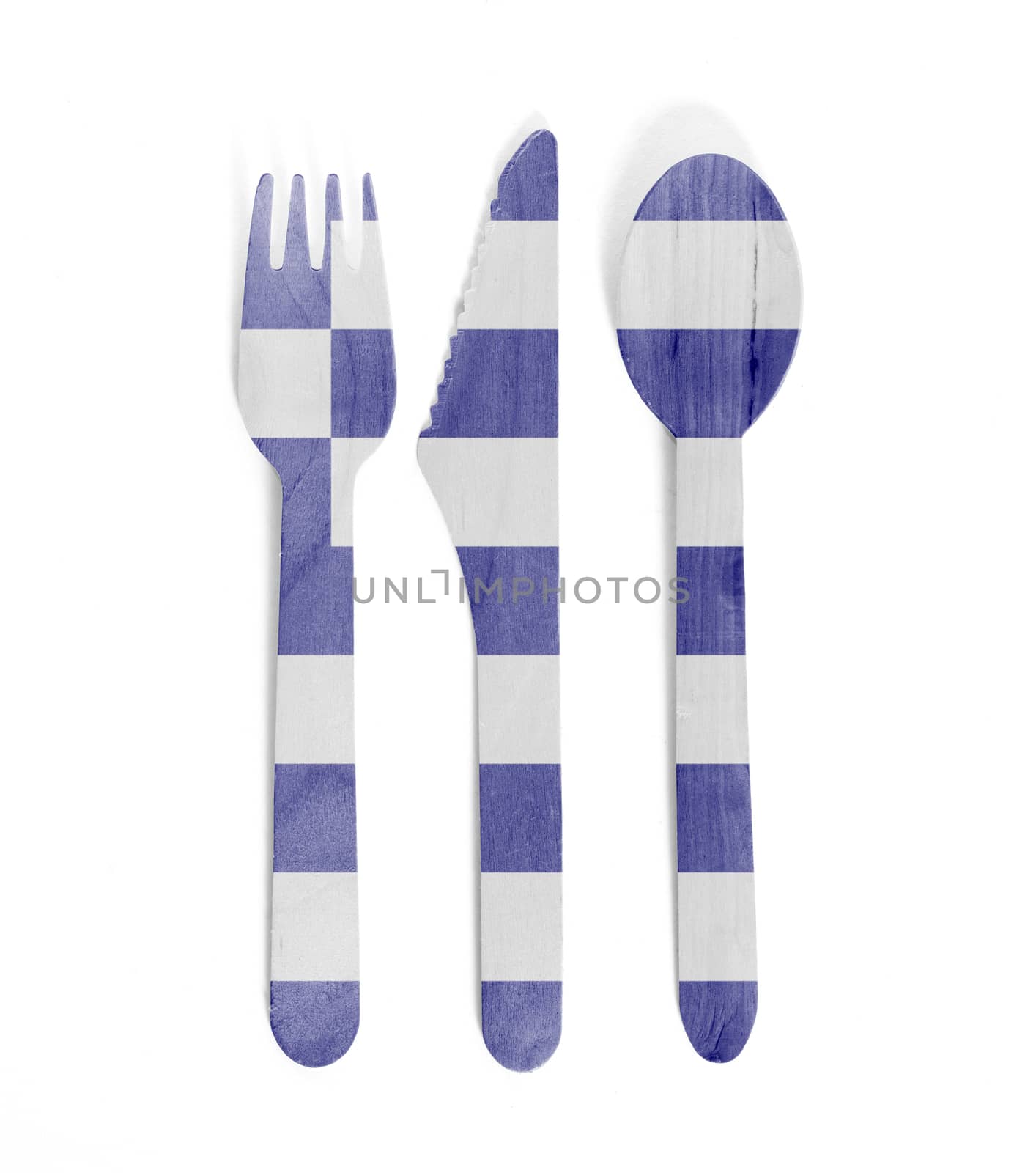 Eco friendly wooden cutlery - Plastic free concept - Isolated - Flag of Greece