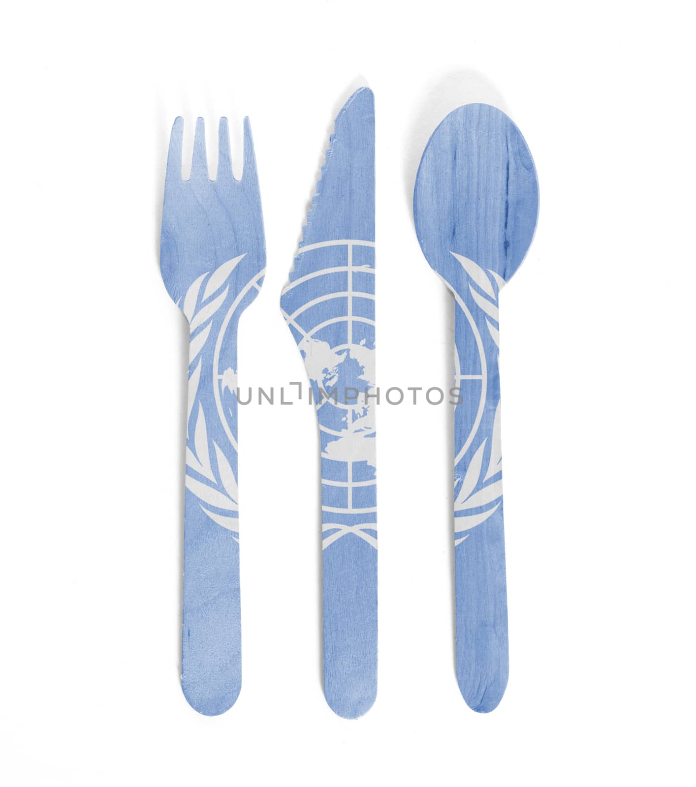 Eco friendly wooden cutlery - Plastic free concept - Isolated - Flag of United Nations