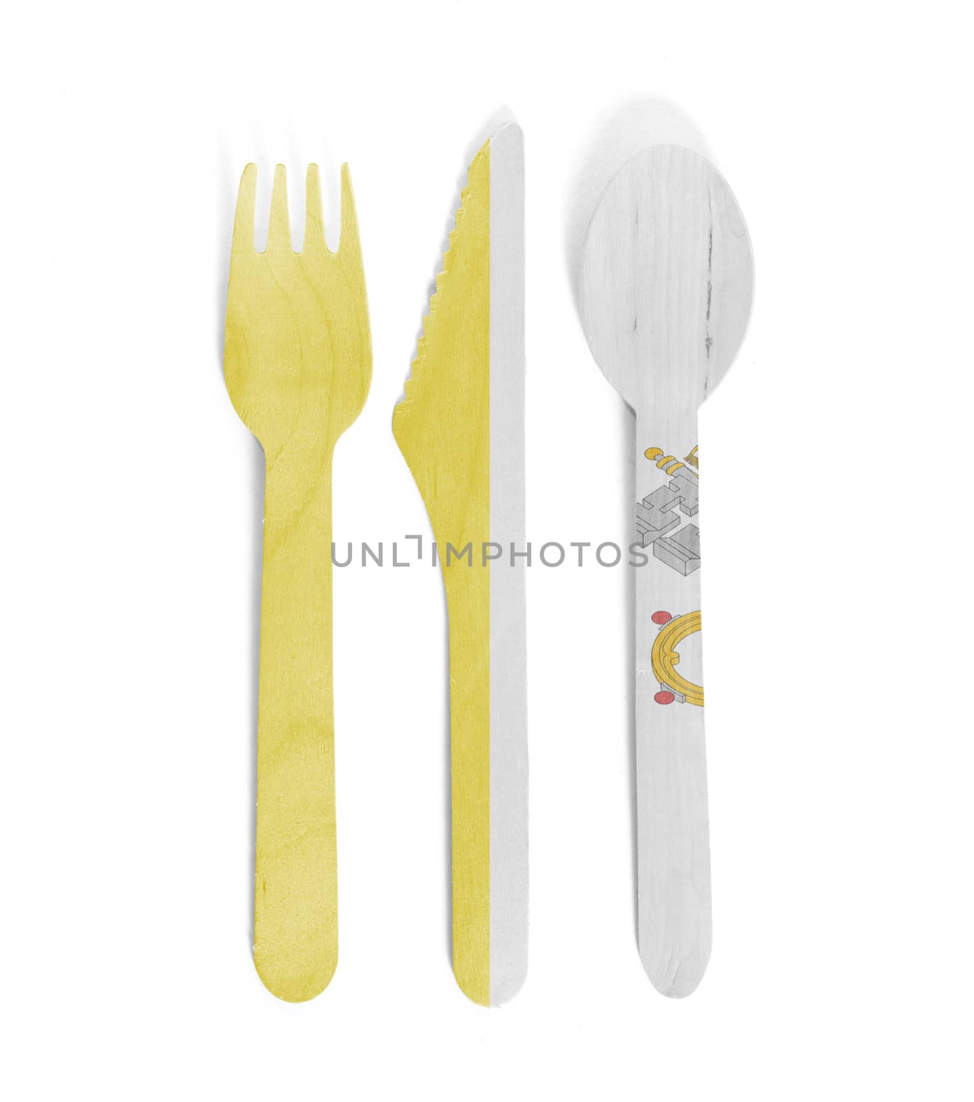 Eco friendly wooden cutlery - Plastic free concept - Isolated - Flag of Vatican City
