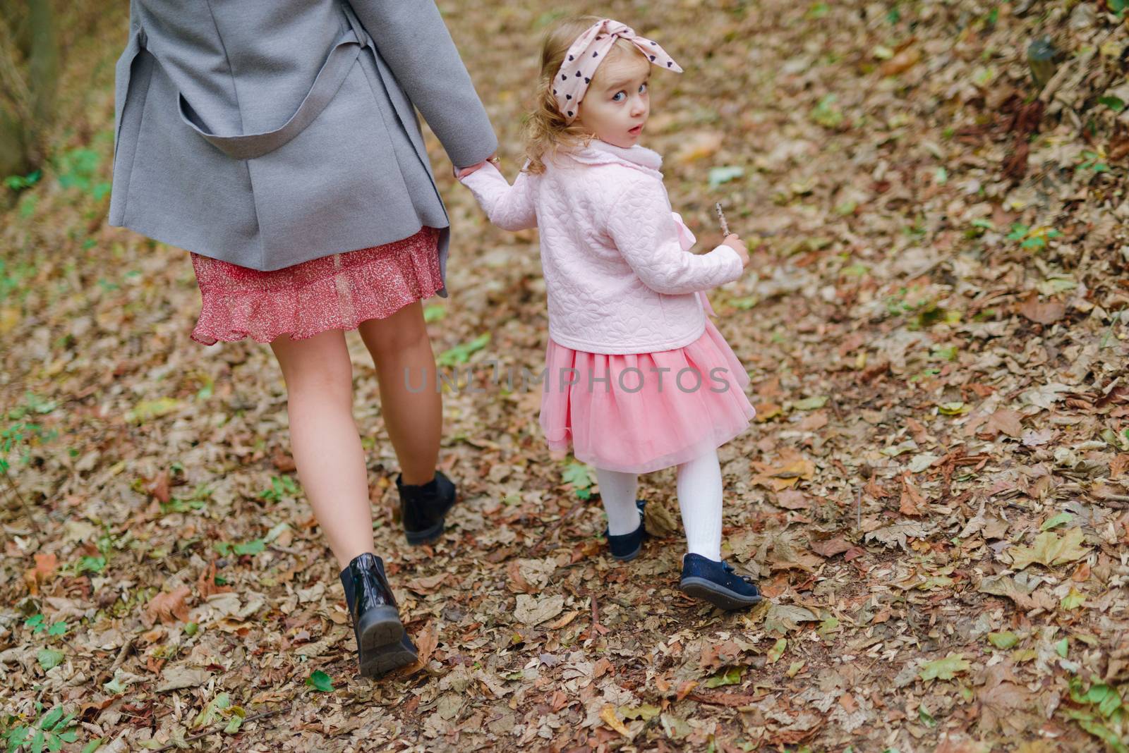 Beautiful little girl on a walk in the park on a sunny day. Autumn day