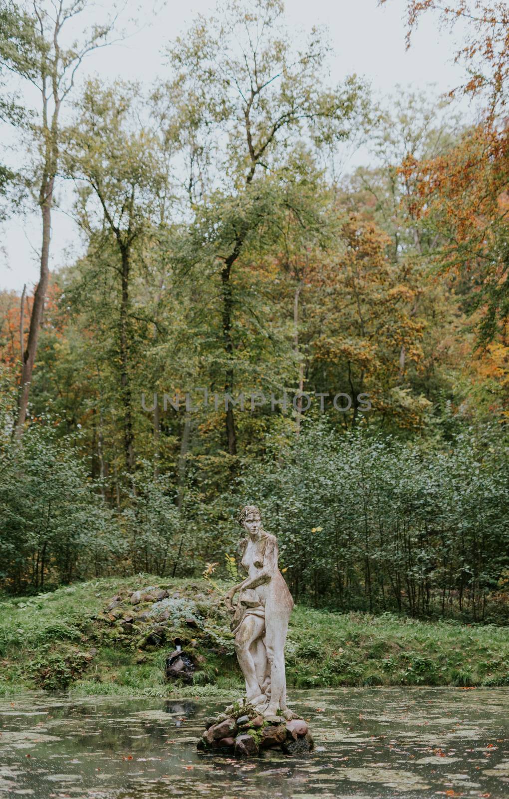 cement statue of a woman in the woods.