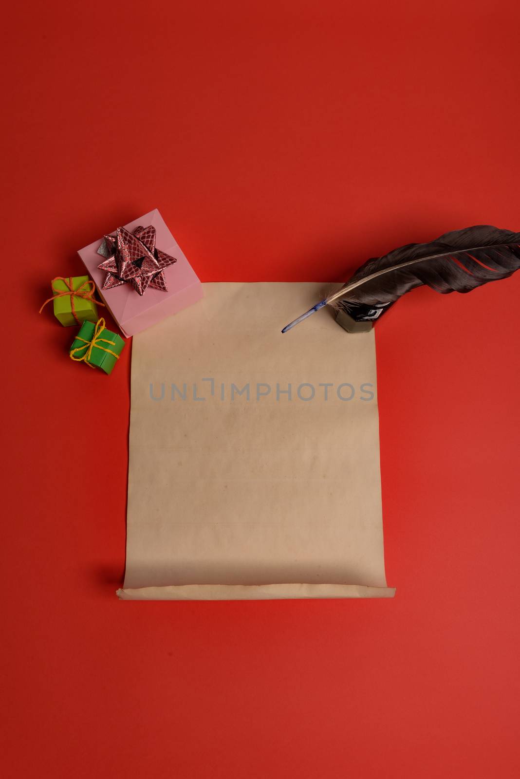 Empty letter for Santa Claus. Copy space. Red background
