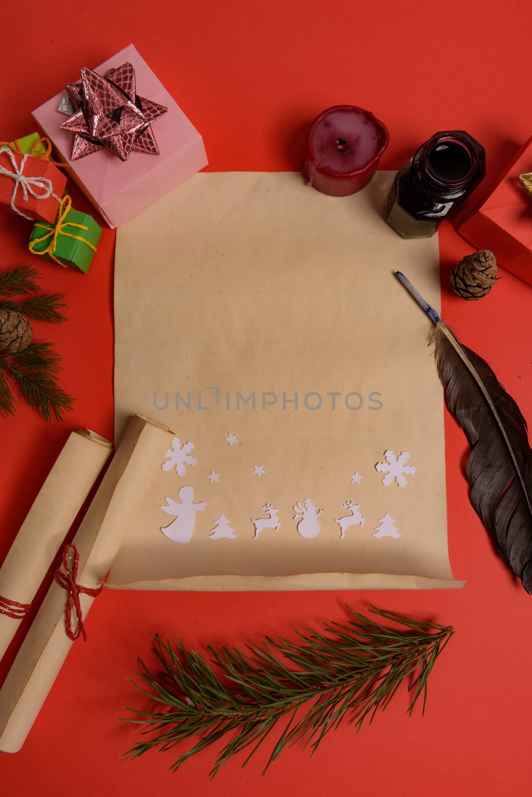 Empty letter for Santa Claus. Copy space. Red background