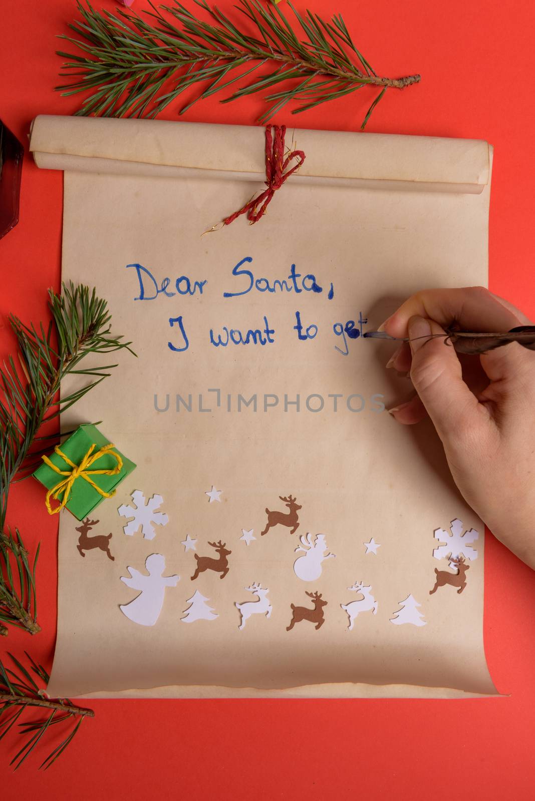Empty letter for Santa Claus. Copy space. Red background
