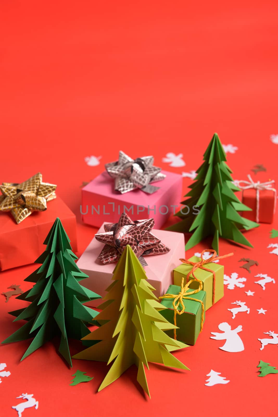 Christmas or New Year background, plain composition made of Xmas decorations and fir branches, flat lay, blank space for a greeting text.