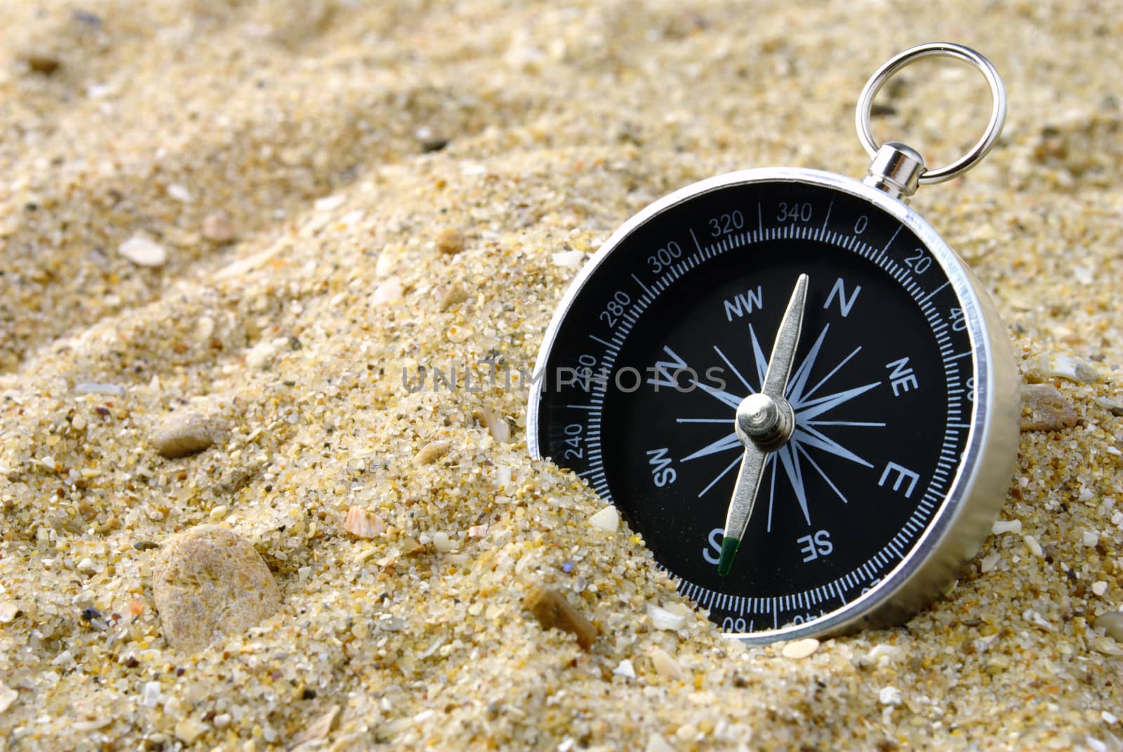 The compass showing a direction, lies on sea sand