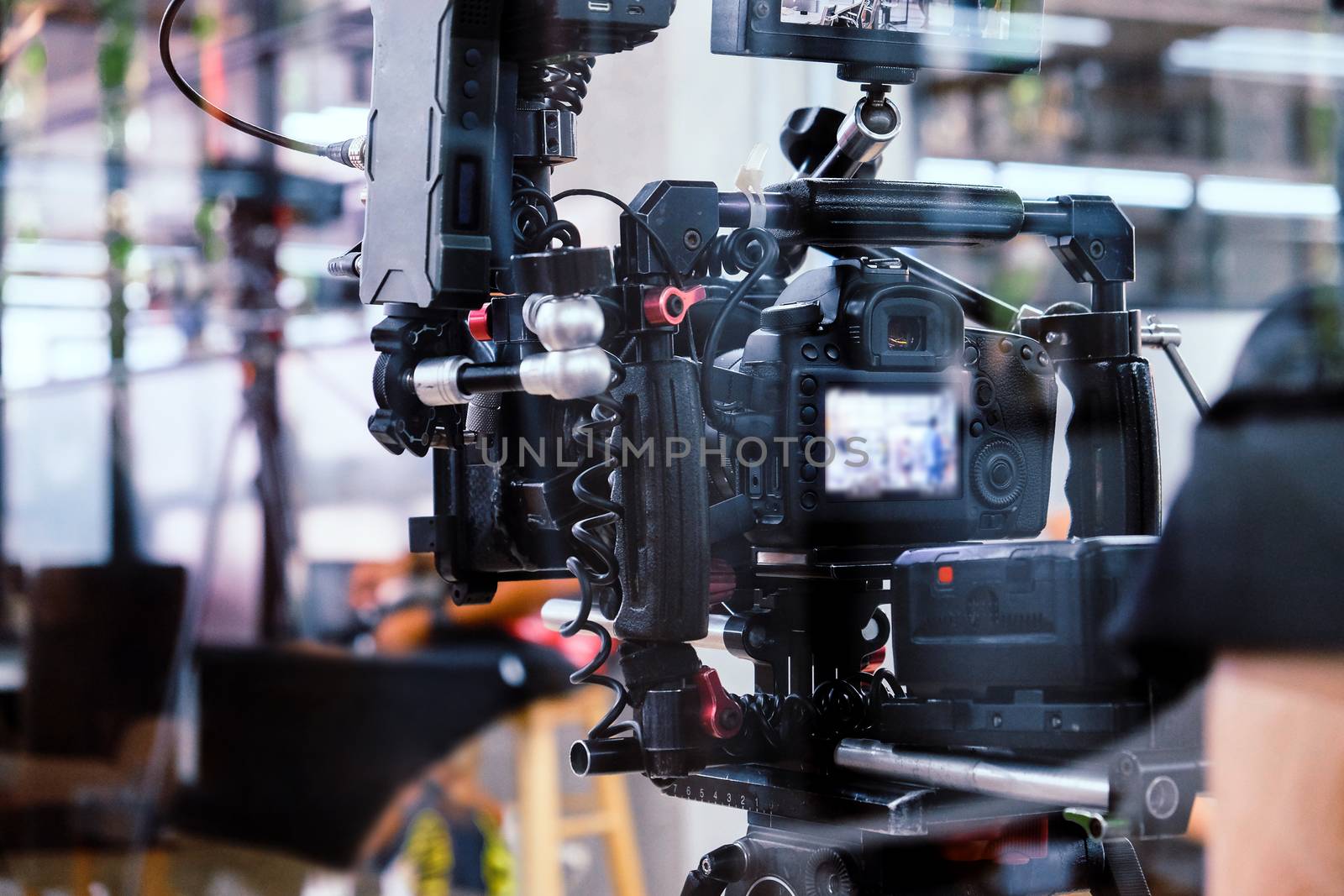 Film industry. Filming with professional camera background
