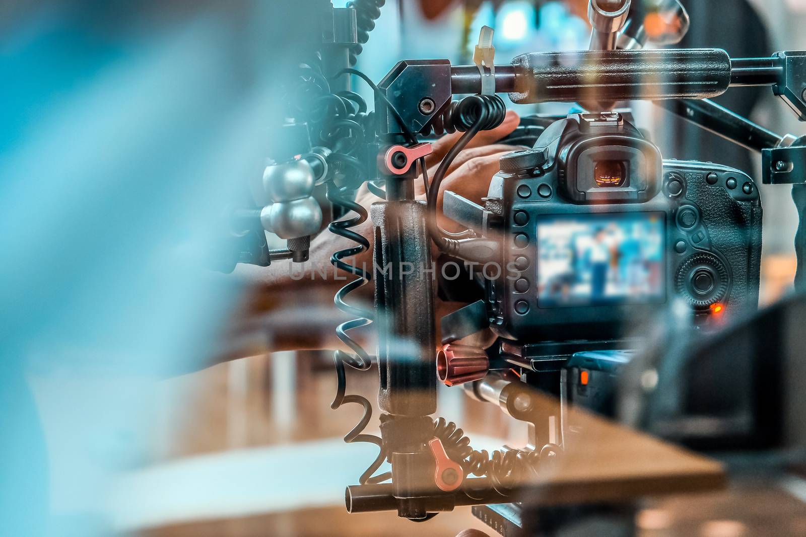 Film industry. Filming with professional camera background