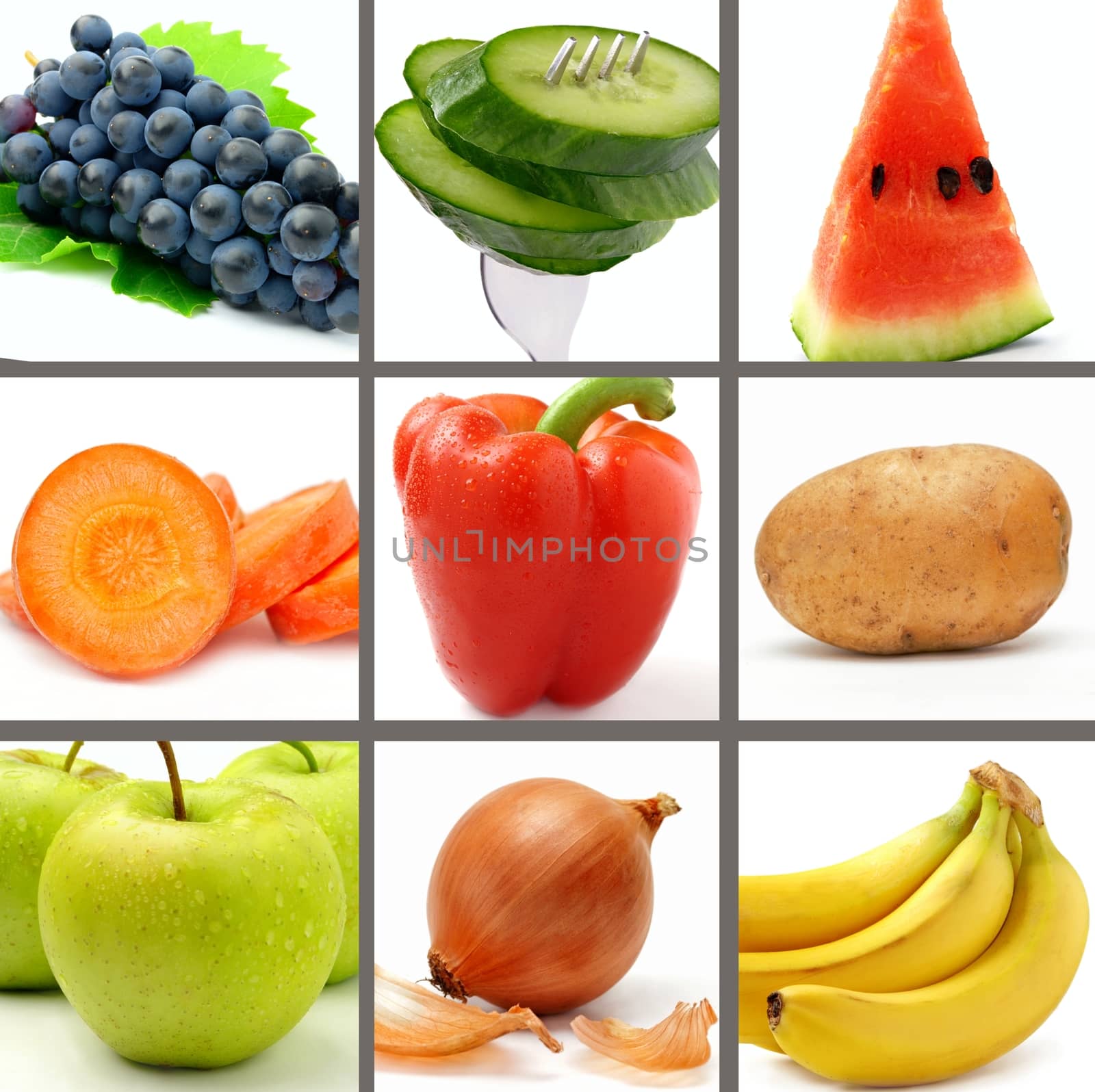 set of bright and juicy fruits and vegetables on a white background