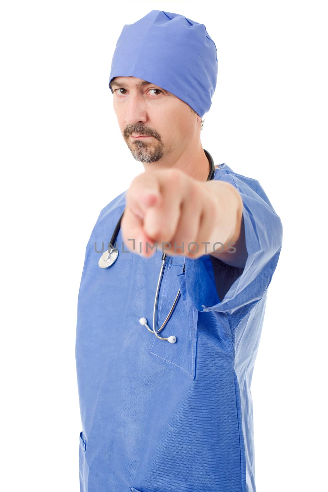 male doctor pointing, isolated on white background