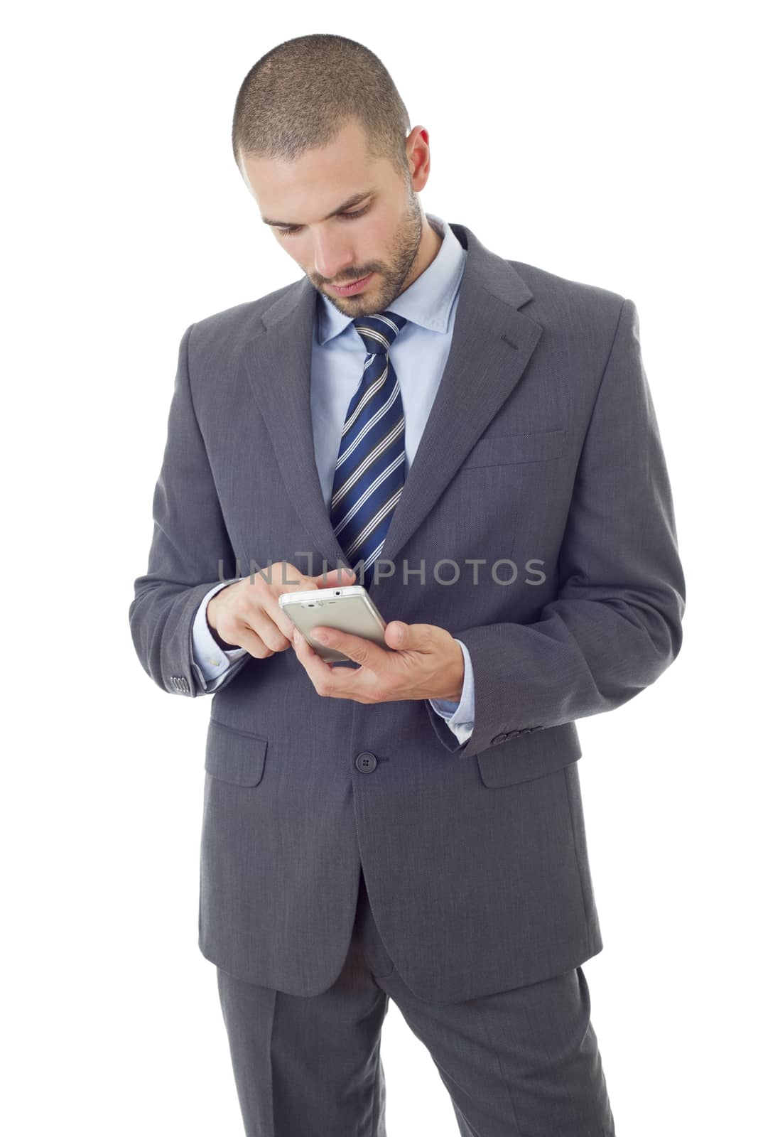 worried business man on the phone, isolated