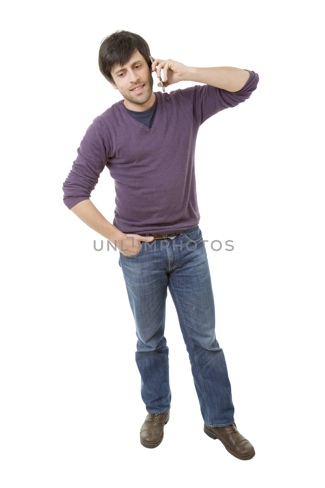 young casual happy man full length, on the phone, isolated