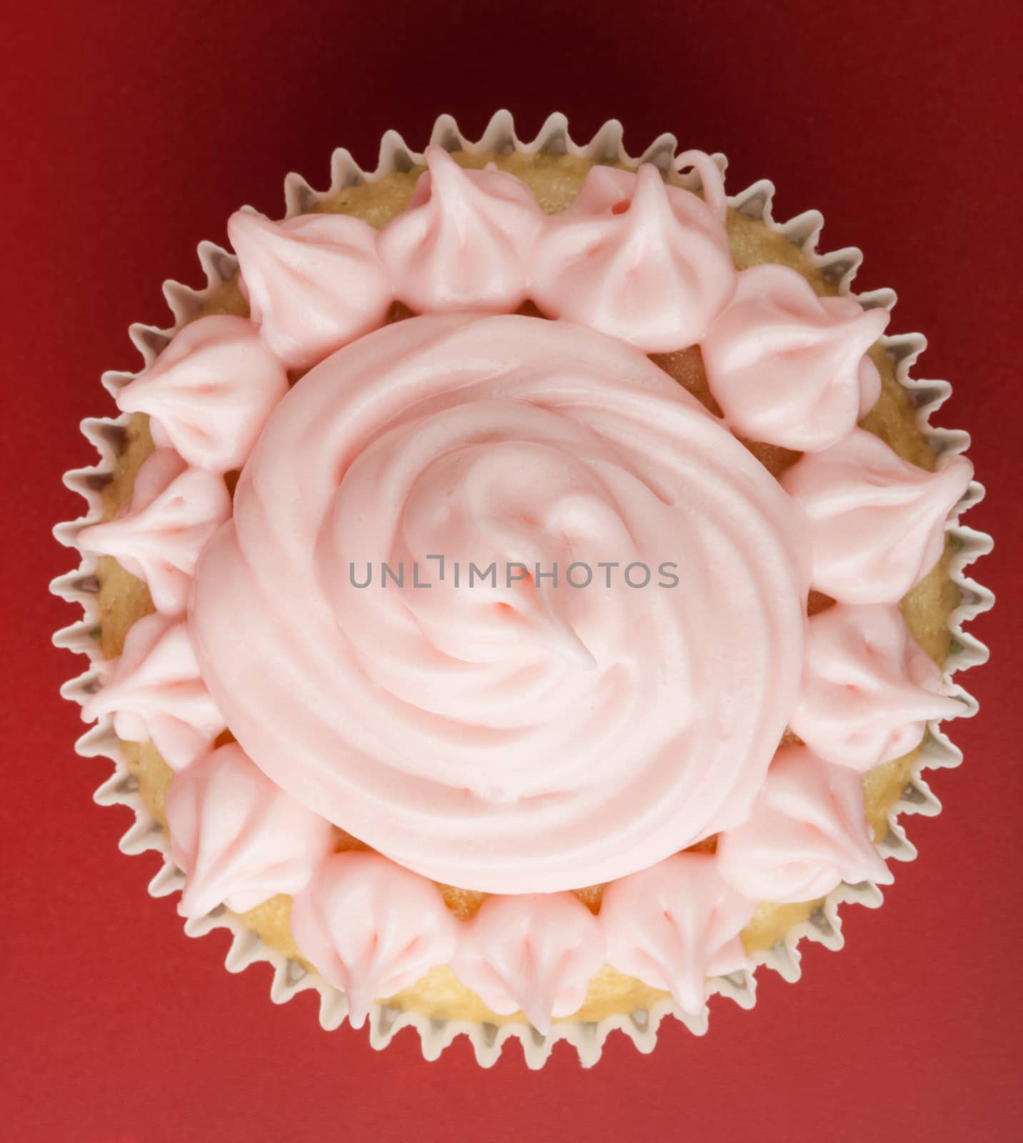 Top view close-up of nice cupcake with pink icing, red background
