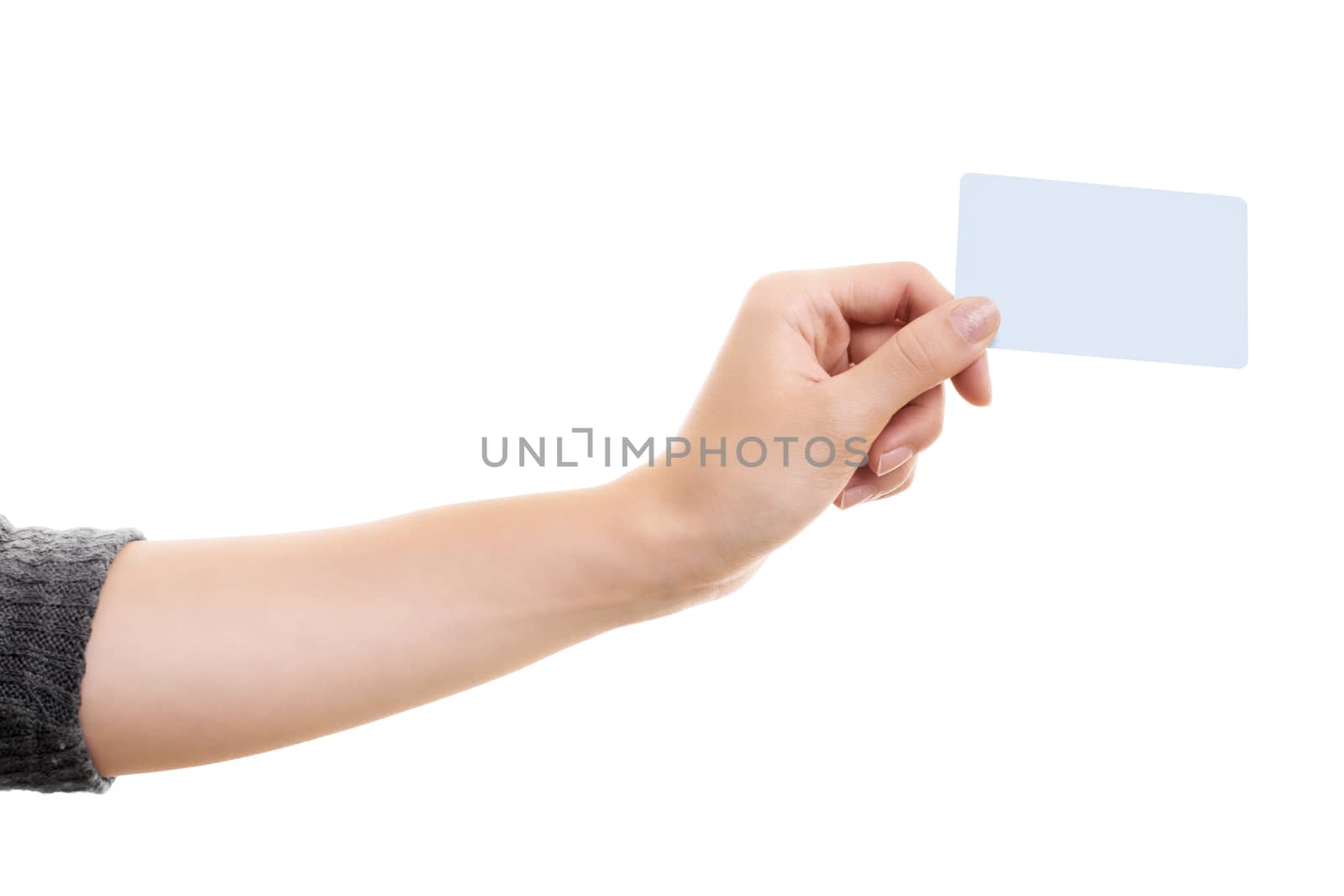 Female hand holding a blank white card mock up, isolated on white background. Business communication and advertising concept. Hand holding a plain call-card mock up template.