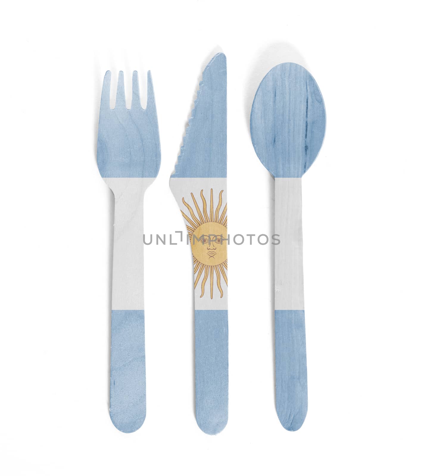 Eco friendly wooden cutlery - Plastic free concept - Isolated - Flag of Argentina