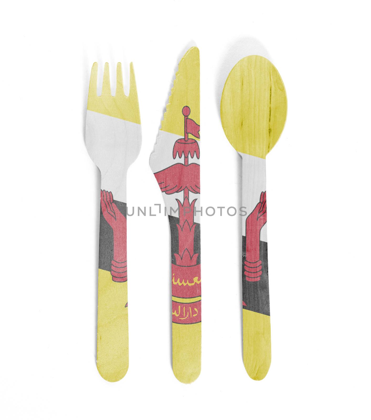 Eco friendly wooden cutlery - Plastic free concept - Isolated - Flag of Brunei