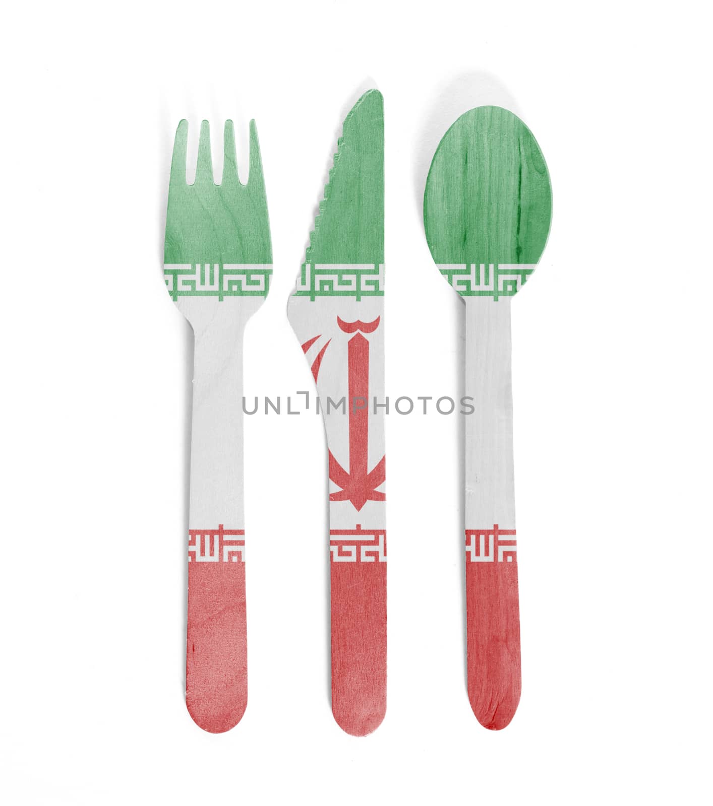 Eco friendly wooden cutlery - Plastic free concept - Isolated - Flag of Iran