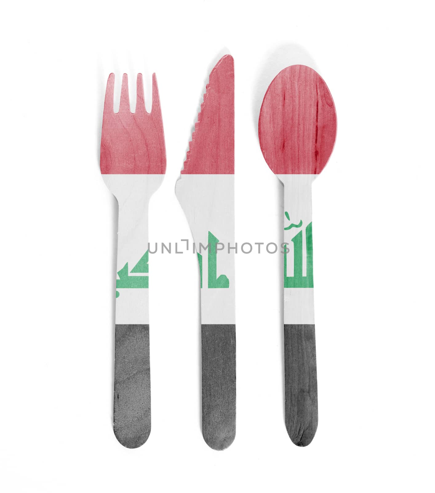 Eco friendly wooden cutlery - Plastic free concept - Isolated - Flag of Iraq