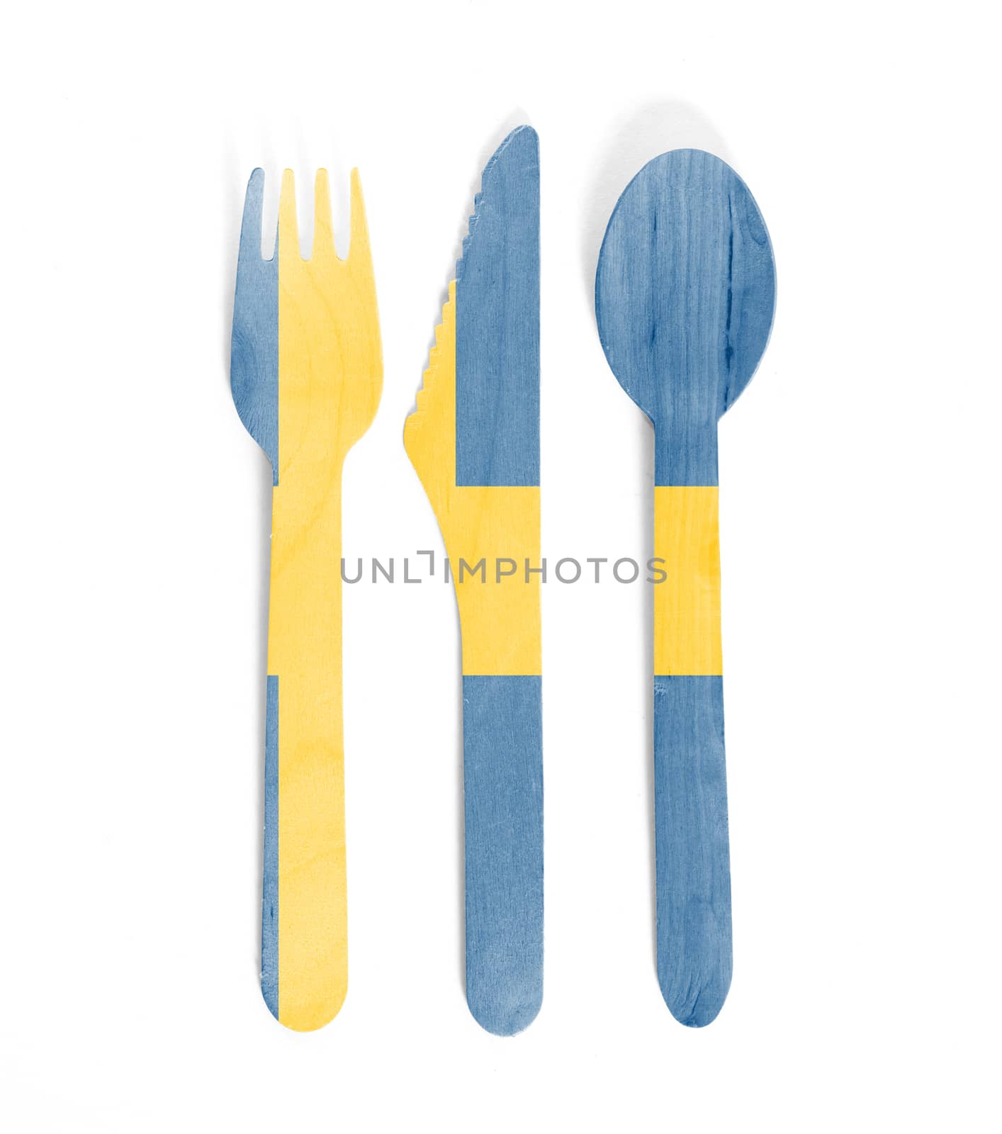 Eco friendly wooden cutlery - Plastic free concept - Isolated - Flag of Sweden
