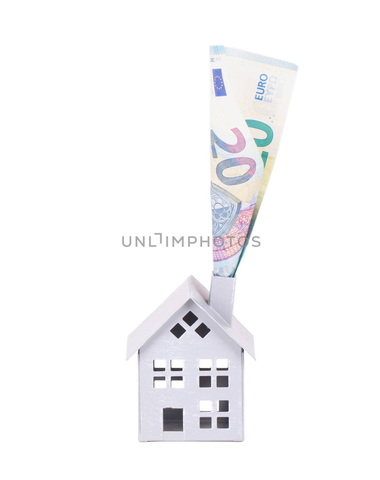 Buying a house, burning money, isolated on white