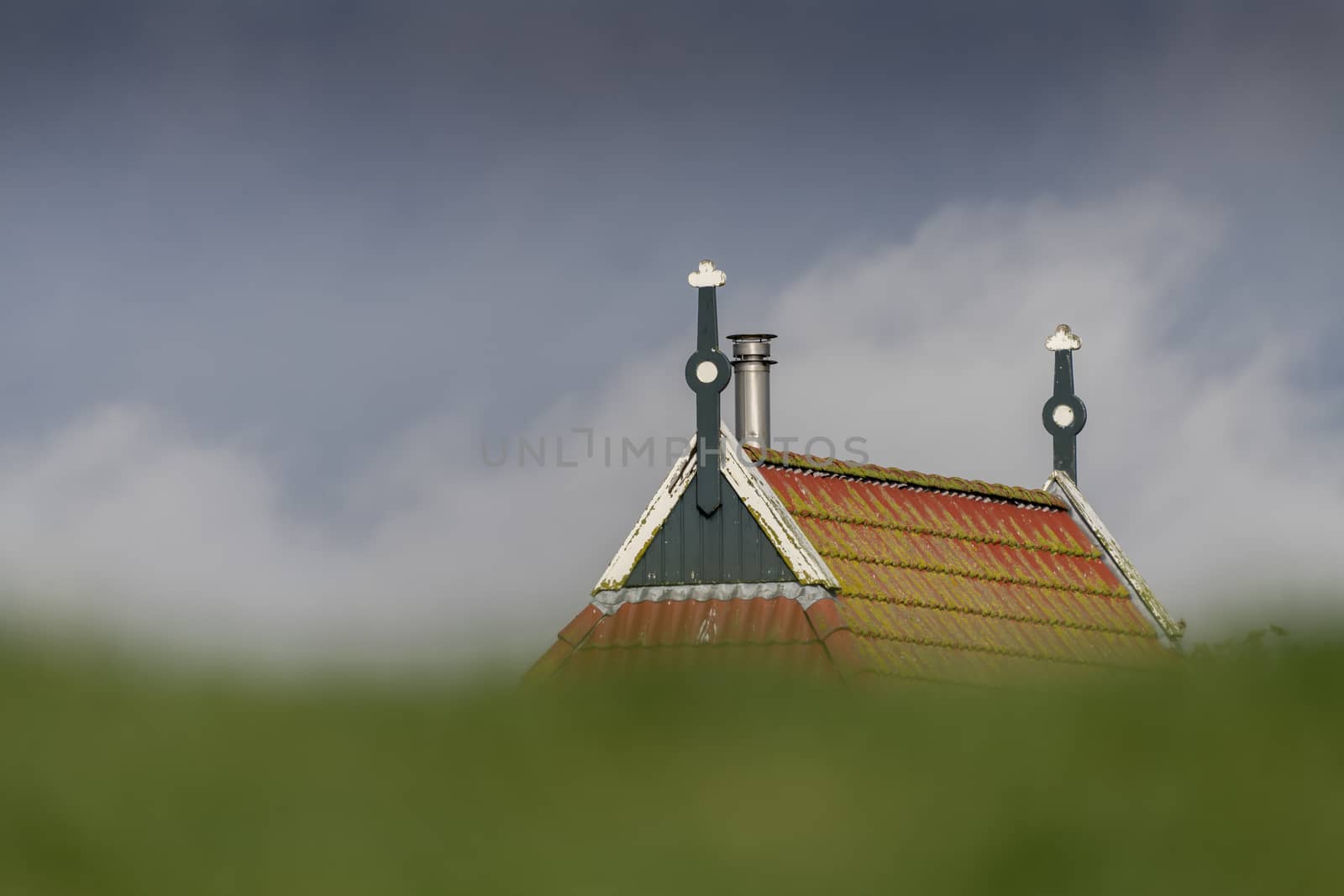 Colorful gable of a farm behind a green dike in northern Netherlands 
