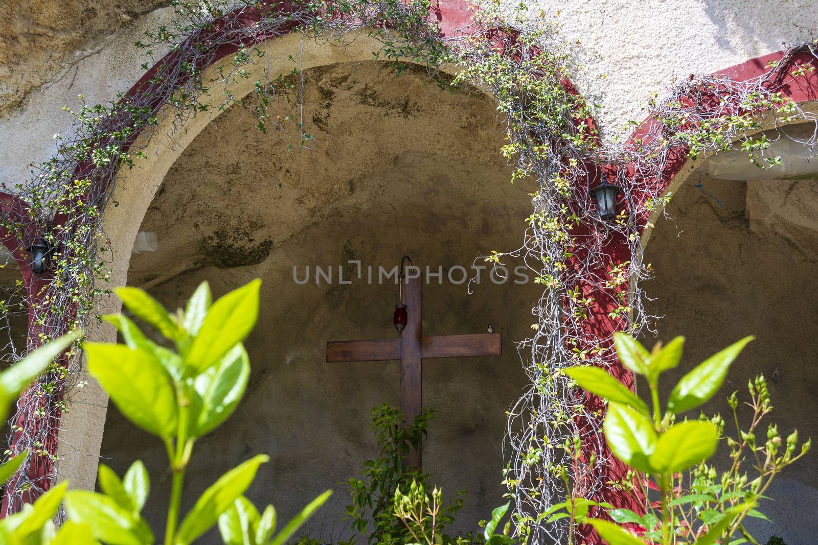 Big wooden cross inside the Orthodox monastery Moni Agiou Ioanni Theologou, Greece. In the village of Vagia, near Thebes, is the post-Byzantine monastery of Saint John Theologos.