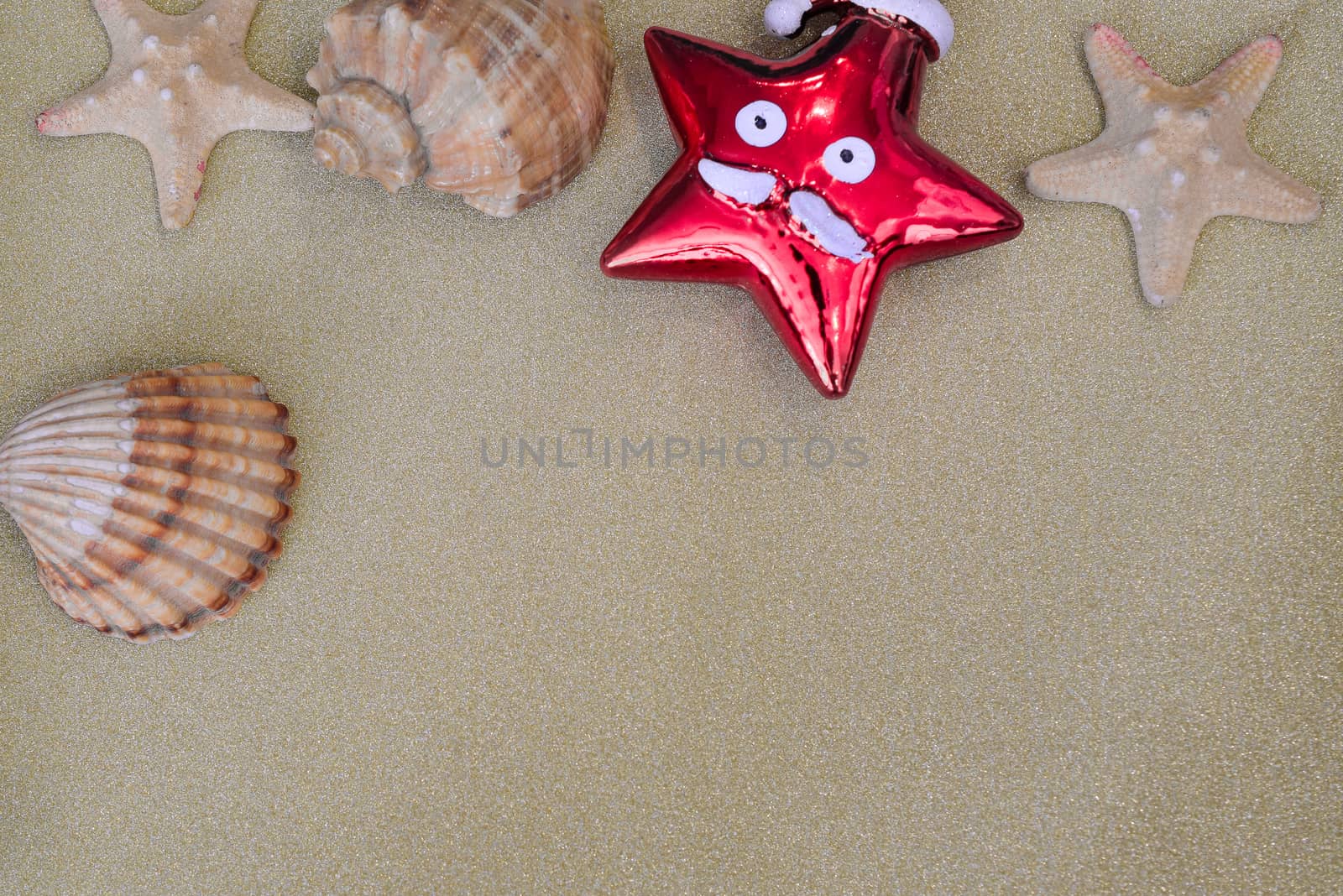 Christmas decorations and Christmas toys combined with sea stars and shells