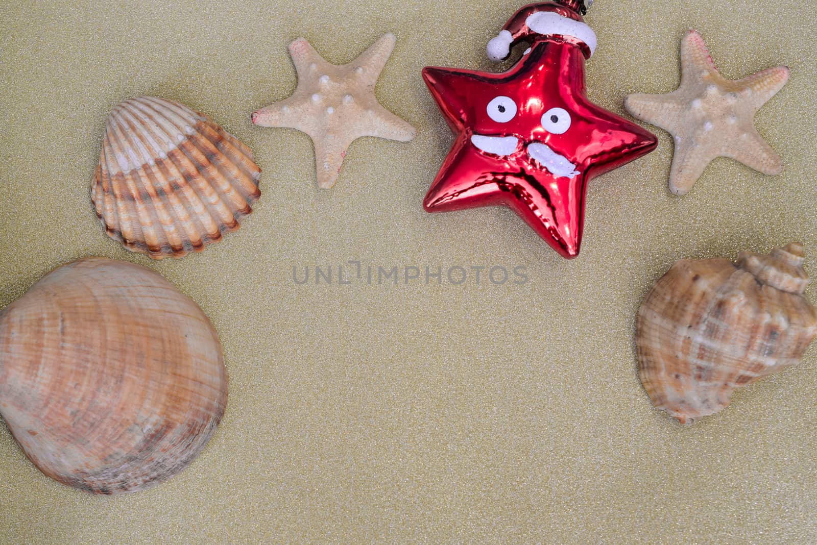 Christmas decorations and Christmas toys combined with sea stars and shells