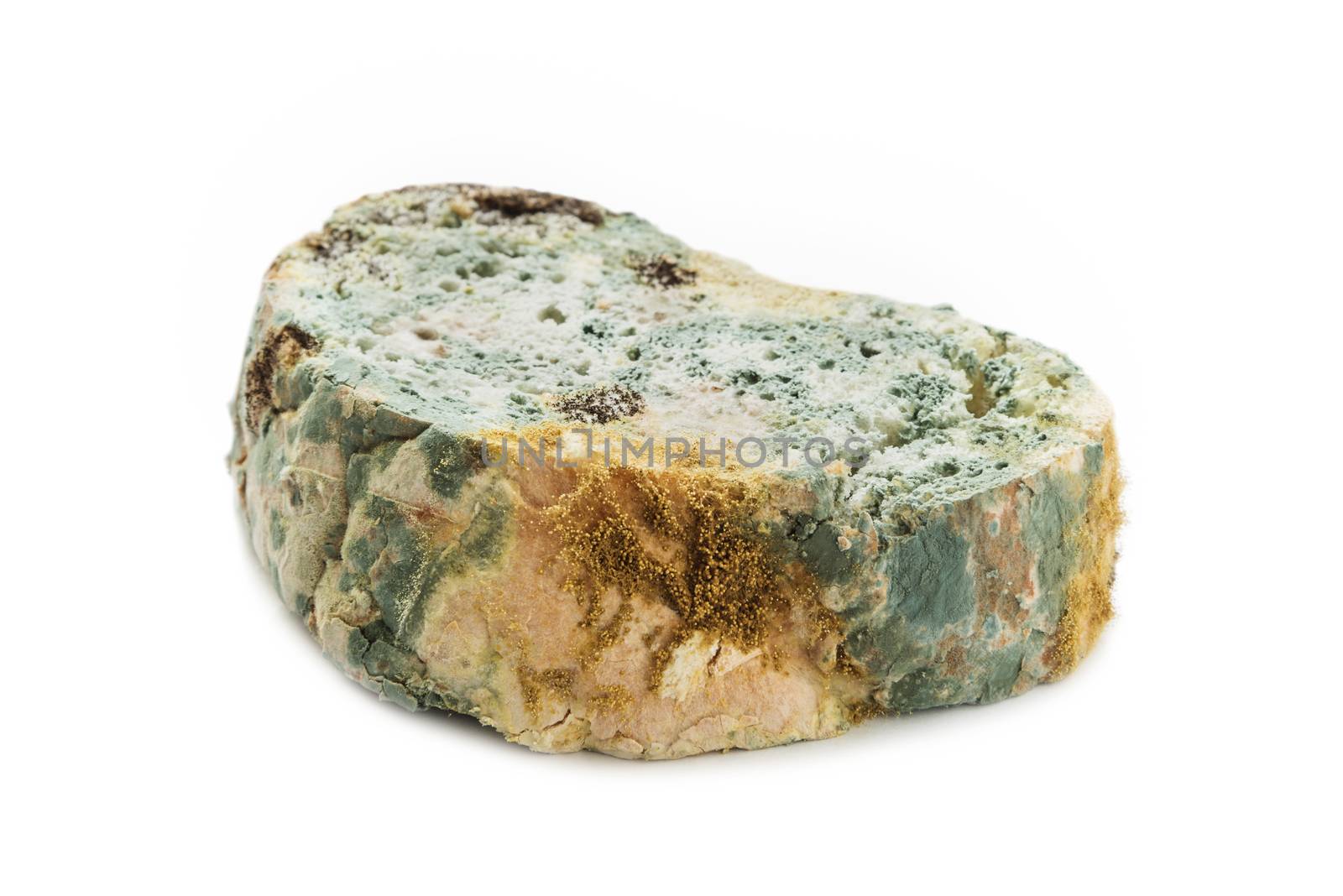 Moldy bread isolated on white background. Spoiled food