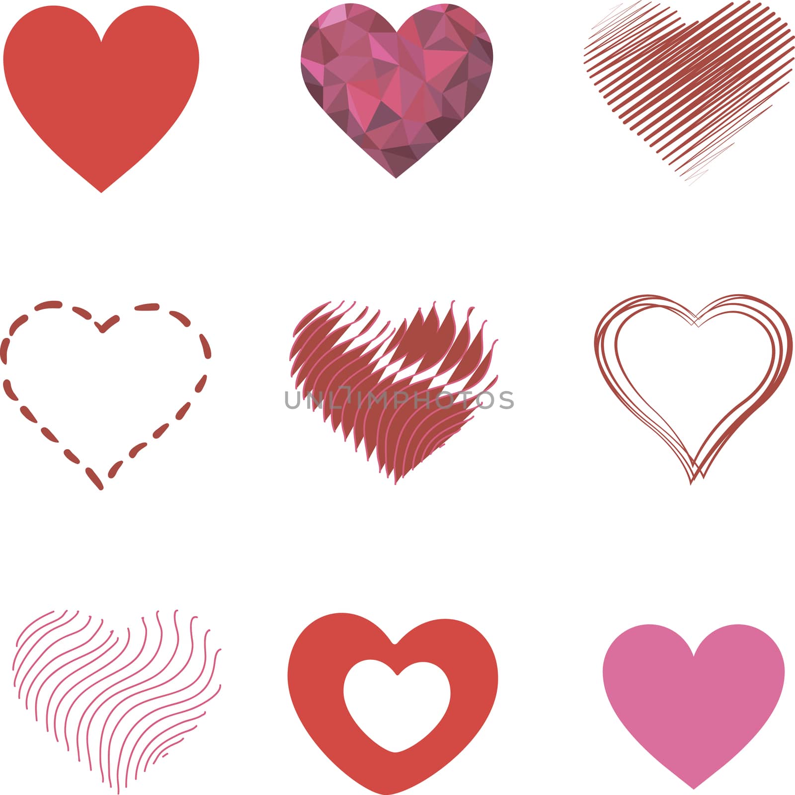 Pattern of 9 red romantic hearts different. Heart and Love Icon Symbol isolated on white background. Valentine's day pattern by Roman1030