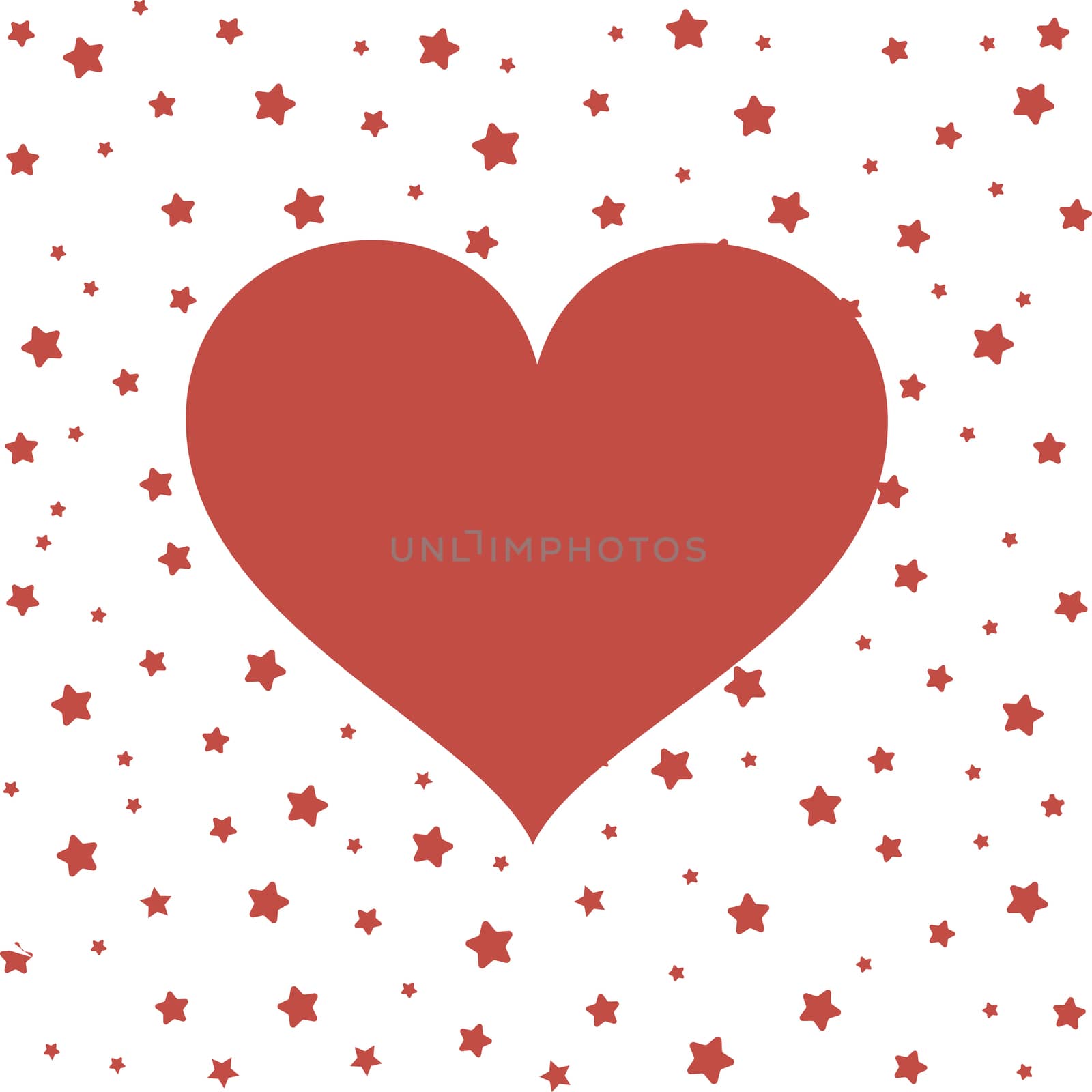 Red love heart on a white background with red stars. Valentine's day, illustration