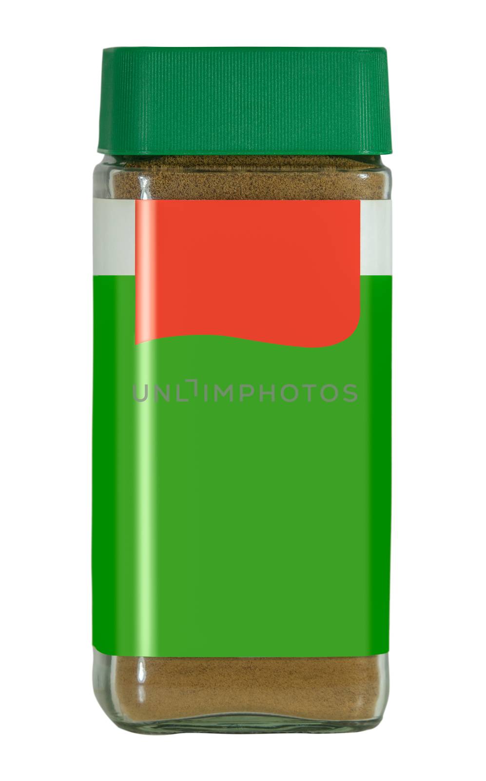 A Retro Style Jar Of Instant Granulated Coffee With A Blank Green And Red Label On A White Background