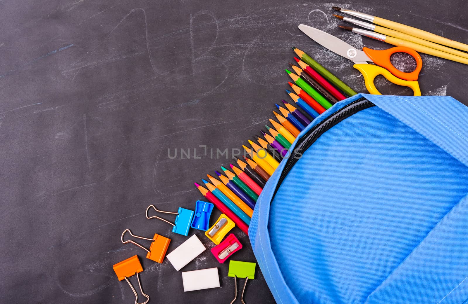 Back to school shopping backpack, The Accessories in student blue bag on blackboard background and have chalkboard also