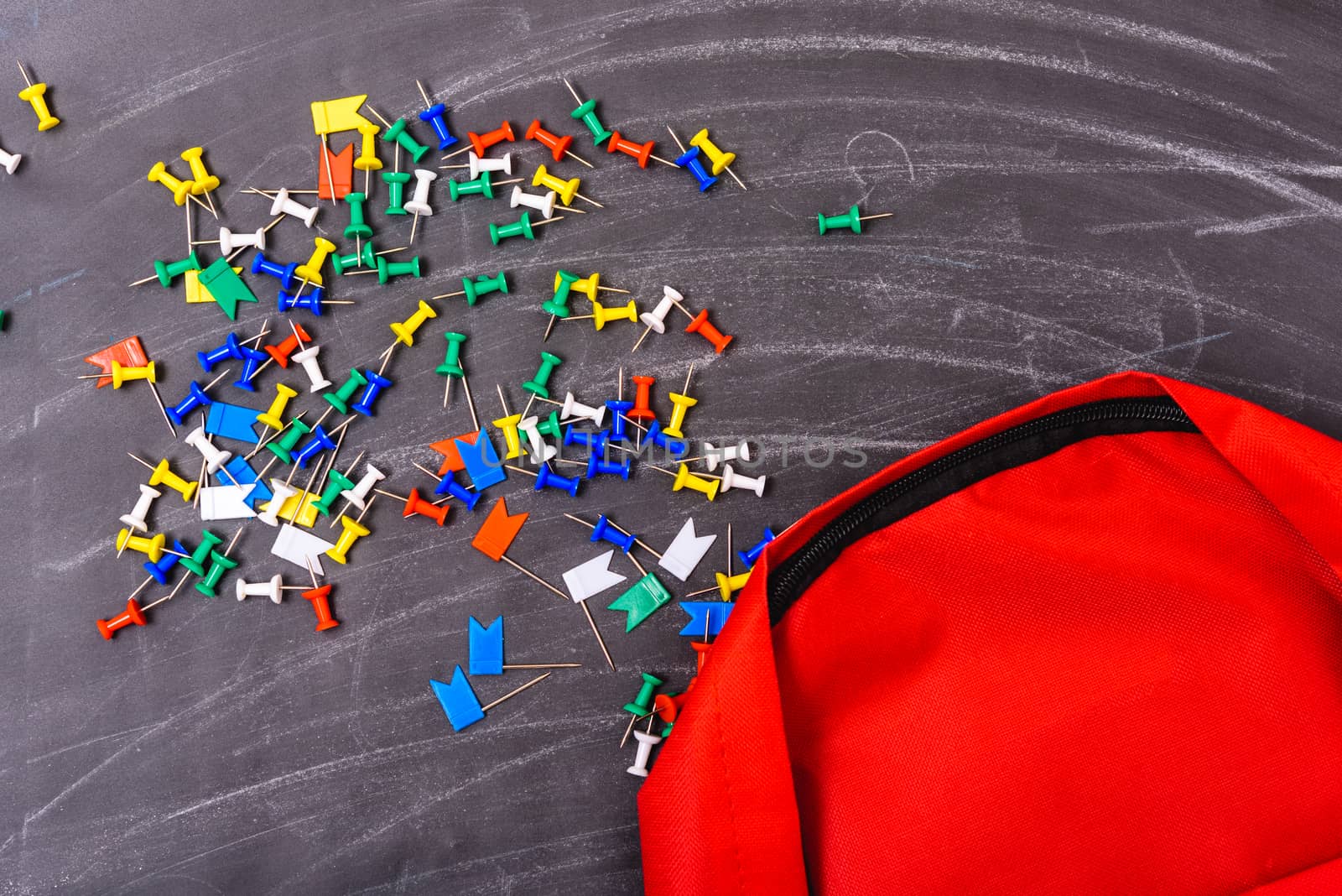 Back to school shopping backpack, on photo have red bag and colorful pin on blackboard and chalkboard