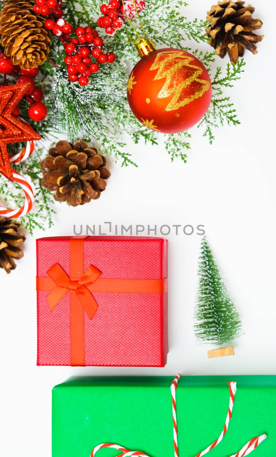 Christmas composition decorations, fir tree branches on white background. Merry Christmas concept. Copy space for text