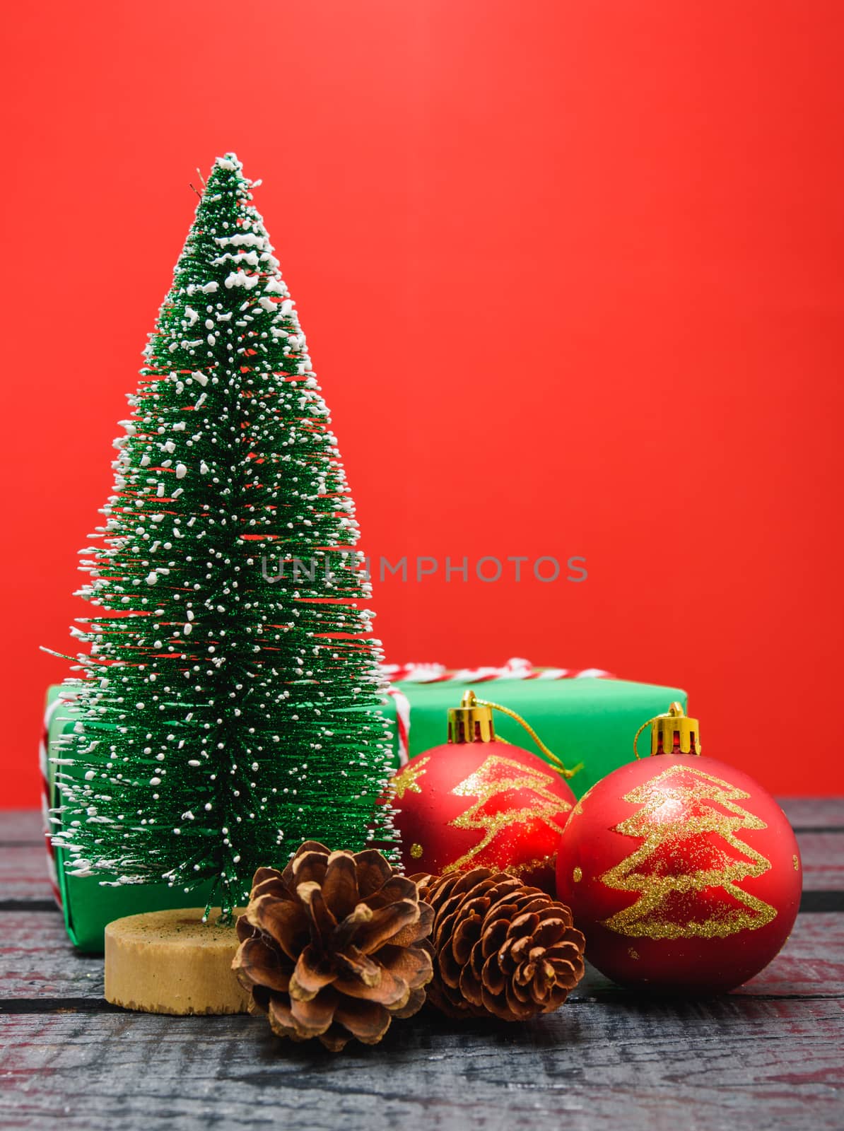 Christmas composition and decorations, minimal green fir tree br by Sorapop