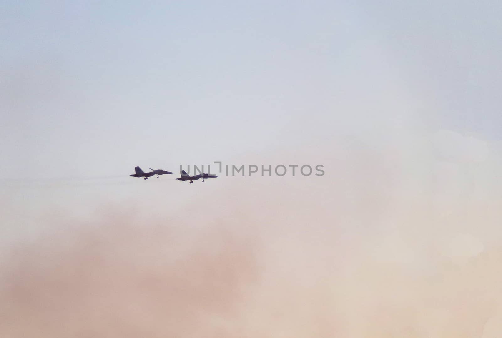 A pair of military fighters flying in the sky.