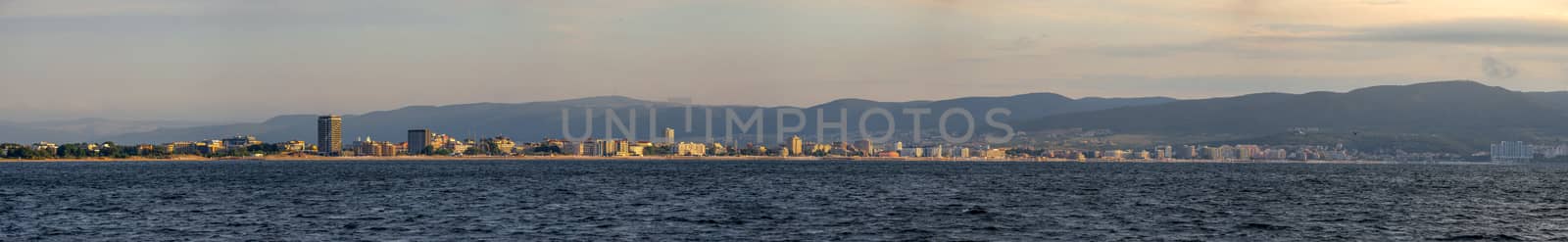 Nessebar, Bulgaria – 07.10.2019.  Panoramic view of the Golden Sands resort in Bulgaria from the sea on a sunny summer morning