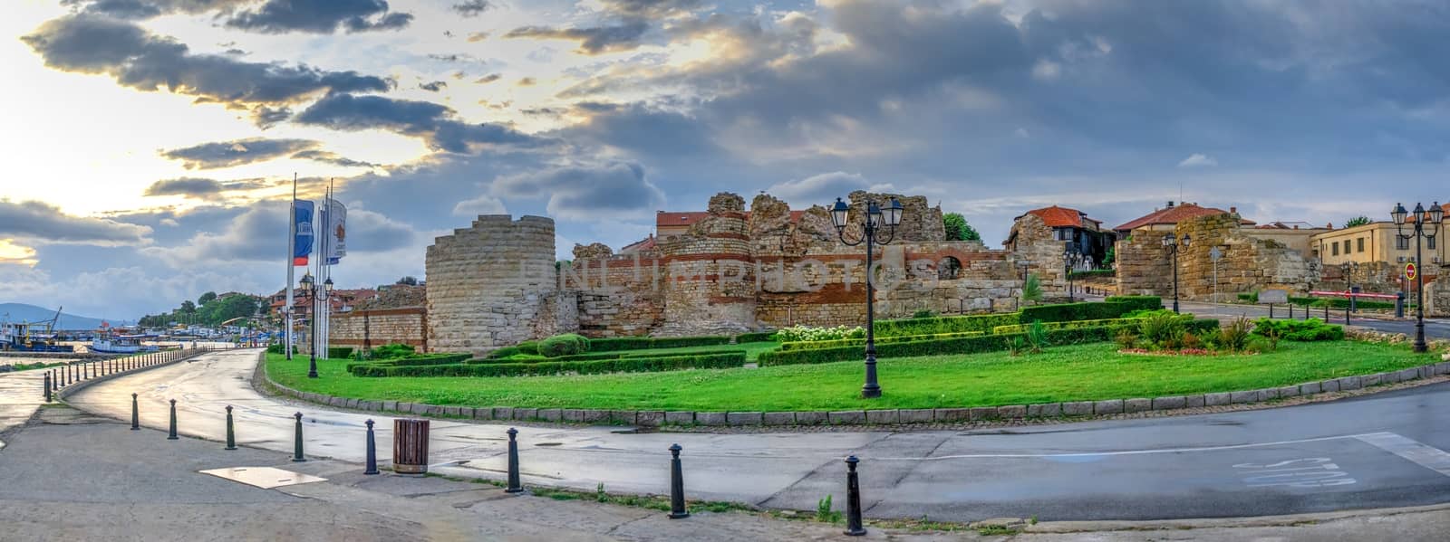 Nessebar, Bulgaria – 07.10.2019.  The ruins of the fortress wall and tower of the old town of Nessebar in Bulgaria on a summer morning