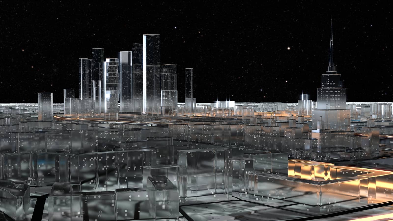 3D city of glass with luminous roads. Starry sky by cherezoff