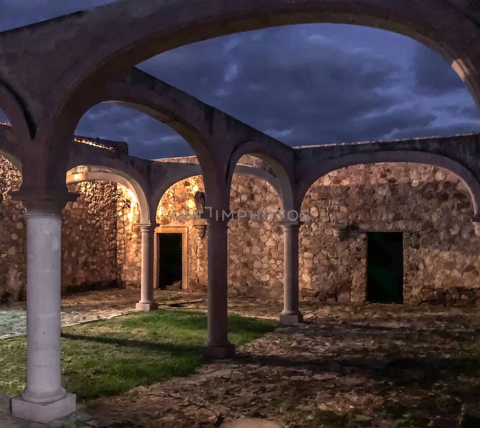 central hacienda courtyard, roofless on a cloudy night by leo_de_la_garza