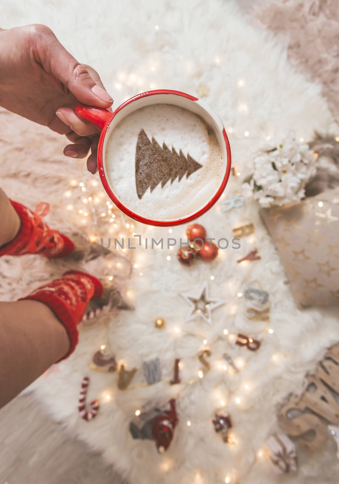 Festive Cappuccino with Christmas tree and decorations by lovleah