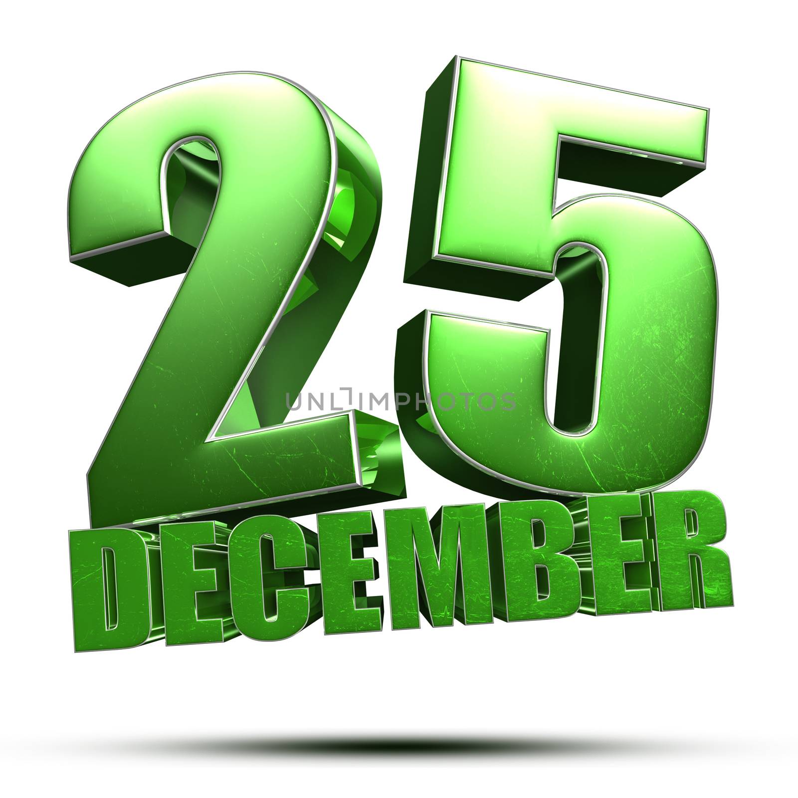 December 25 green 3d illustration on white background.(with Clipping Path).