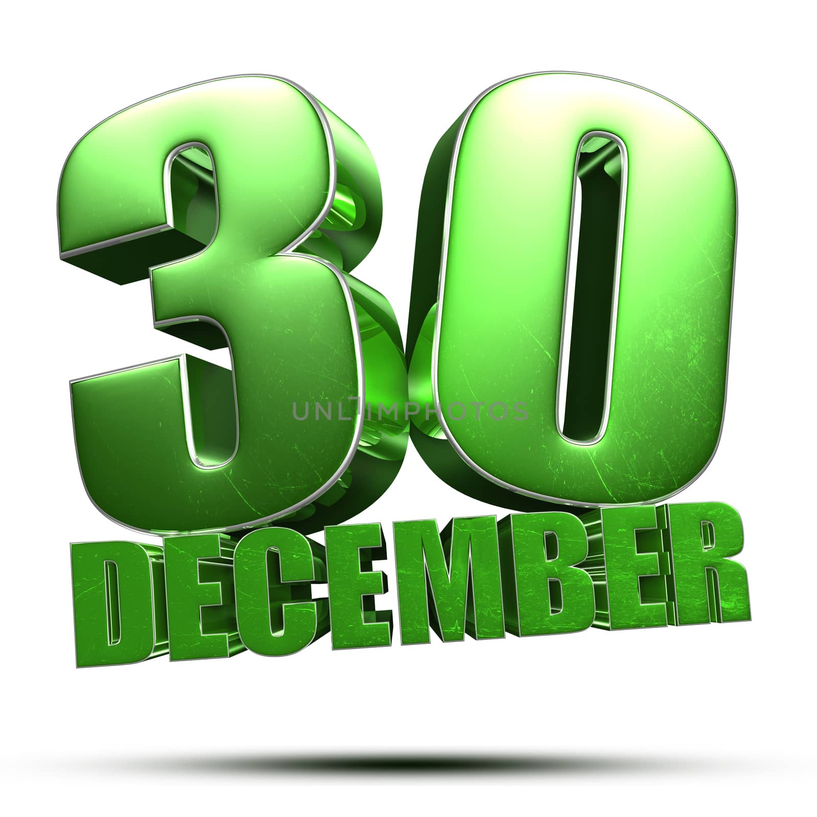 Day 30 of month december green 3d illustration isolated on white background. (With Clipping Path).