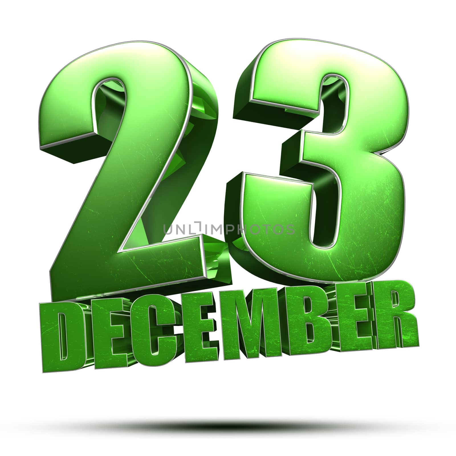 December 23 green 3d illustration on white background.(with Clipping Path).