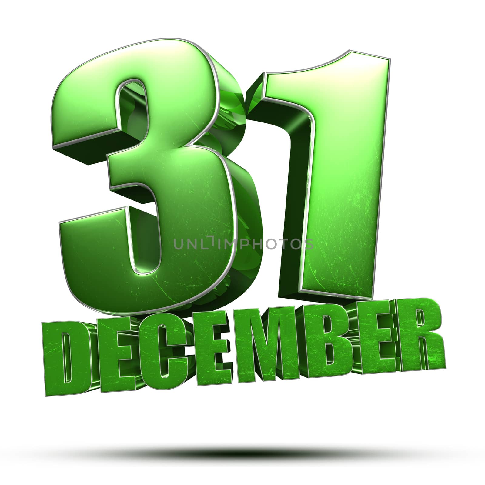 Day 31 of month December green 3d illustration isolated on white background. (With Clipping Path).