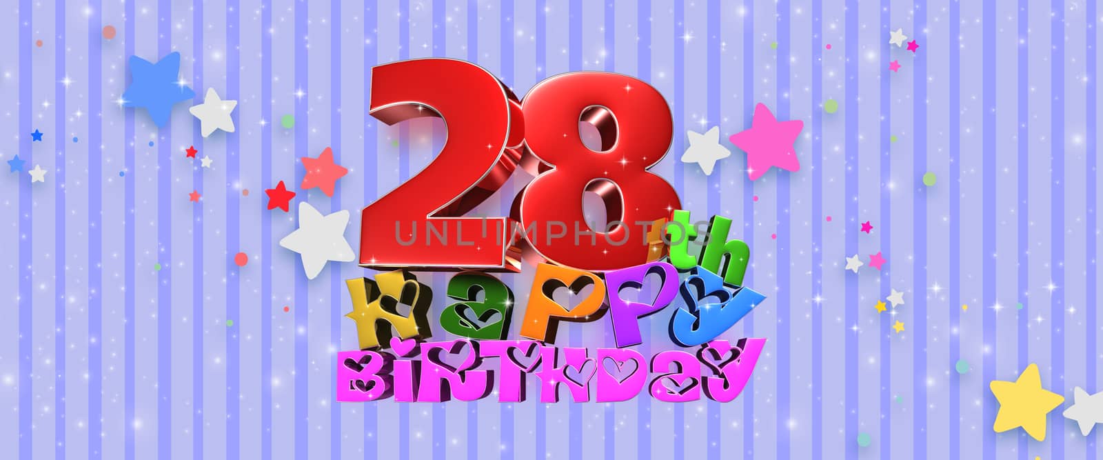 Happy Birthday  28 th 3d illustration Blue background with glittering stars.