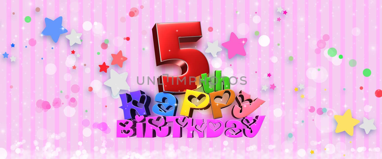 Anniversary Happy Birthday 5 th colorful 3d illustration on pink background.